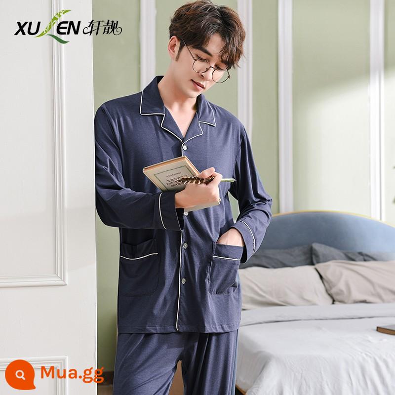 Xuan Liang bộ đồ ngủ nam mùa xuân và mùa thu mỏng kiểu dáng dài tay bằng lụa băng tạo cảm giác mát mẻ quần áo mặc ở nhà cỡ lớn phù hợp với mùa xuân và mùa hè - 98474 Tây Tạng Xanh