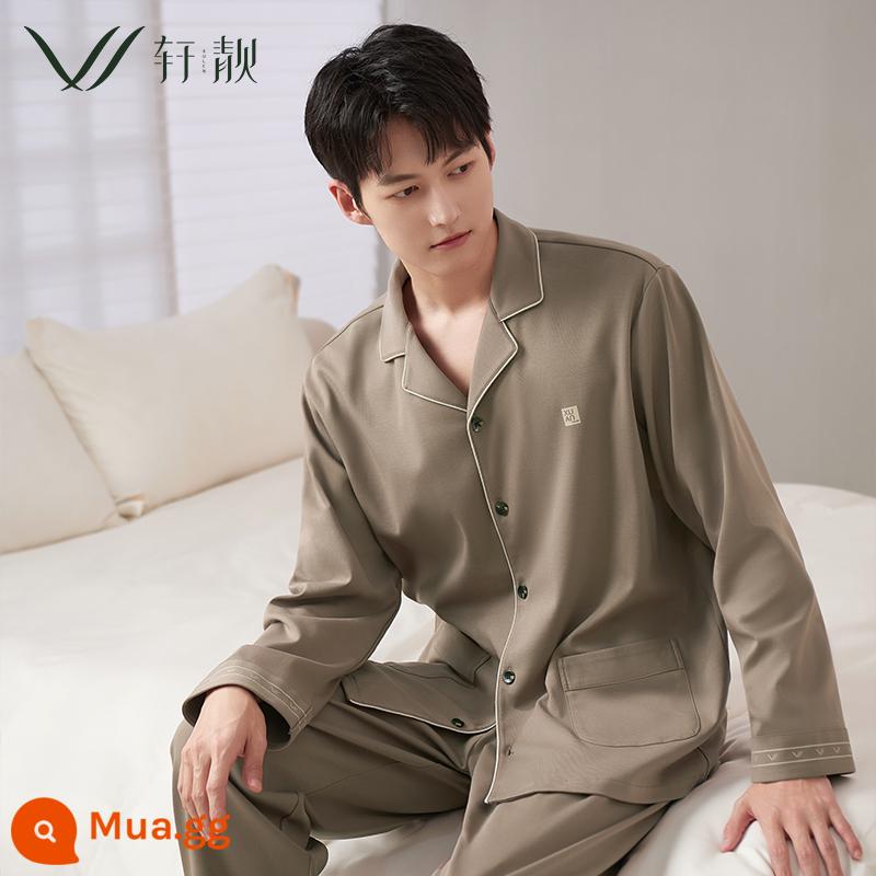 Bộ đồ ngủ cotton nguyên chất nam xuân thu thu dài tay 2023 dịch vụ gia đình mới mùa thu đông mỏng phù hợp với kích thước lớn - 72771 Latte Brown [Phong Cách Cotton Nguyên Chất] 95% Cotton Có Độ Đàn Hồi