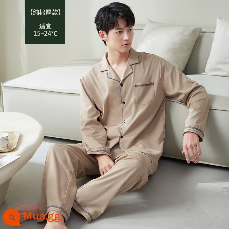 Bộ đồ ngủ cotton nguyên chất nam xuân thu thu dài tay 2023 dịch vụ gia đình mới mùa thu đông mỏng phù hợp với kích thước lớn - 71658 Mi Ka [kiểu cotton nguyên chất] 100% cotton siêu mềm