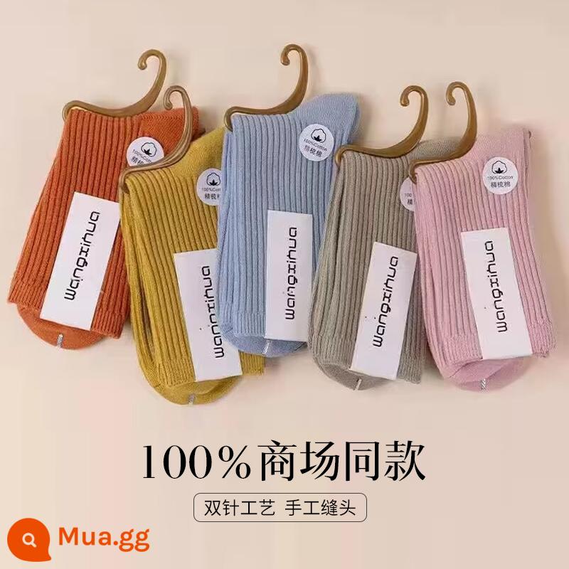 Vớ nữ mùa thu đông vớ ống giữa cotton nguyên chất vớ cotton khử mùi màu trơn hai kim không xương giam cầm vớ cotton vớ dày - Phối màu B [5 đôi]