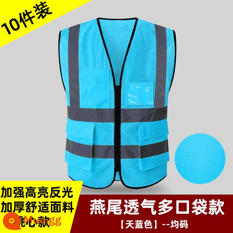 Áo phản quang quần áo an toàn xây dựng quần áo làm việc vệ sinh giao thông Meituan đi xe đạp áo vest màu vàng huỳnh quang in quần áo phản quang - Kiểu túi lưới thoáng khí-Xanh da trời [10-Pack]