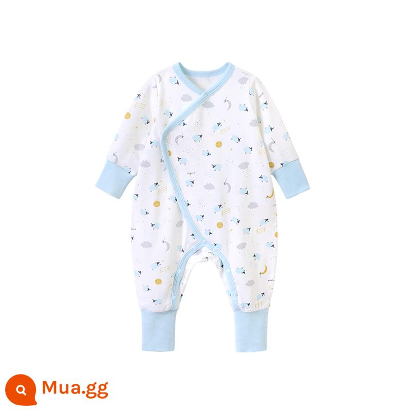 Quần áo trẻ em người Anh Sairou áo liền quần lụa mùa xuân và mùa thu jumpsuit sơ sinh bé trai và bé gái quấn chân bé mùa thu và mùa đông mới - Xanh nhạt YLHAJ01032A (52-59 có chân)