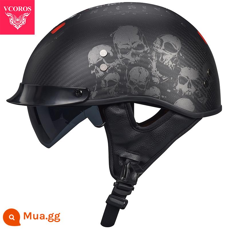 Ý VCOROS Sợi Carbon Xe Máy Nam Nữ Retro Xe Máy Mùa Hè Harley Mũ Bảo Hiểm Nửa Muỗng Mũ Bảo Hiểm - A200-da đen sợi carbon hình đầu lâu màu đen