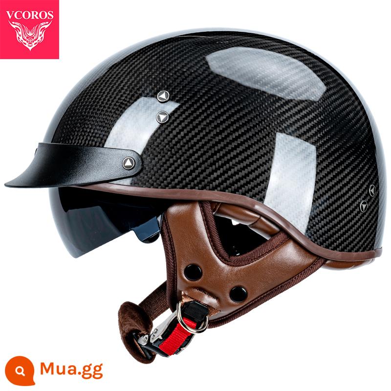 Ý VCOROS Sợi Carbon Xe Máy Nam Nữ Retro Xe Máy Mùa Hè Harley Mũ Bảo Hiểm Nửa Muỗng Mũ Bảo Hiểm - F-02C-Sợi carbon đen bóng