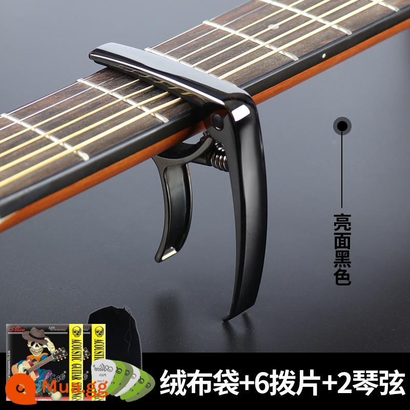 Capo Kim Loại Đàn Guitar Dân Gian Capo Acoustic Capo Đổi Kẹp Đàn Ukulele Phụ Kiện Guitar - Màu đen bóng [có túi + 6 phím + 2 dây]