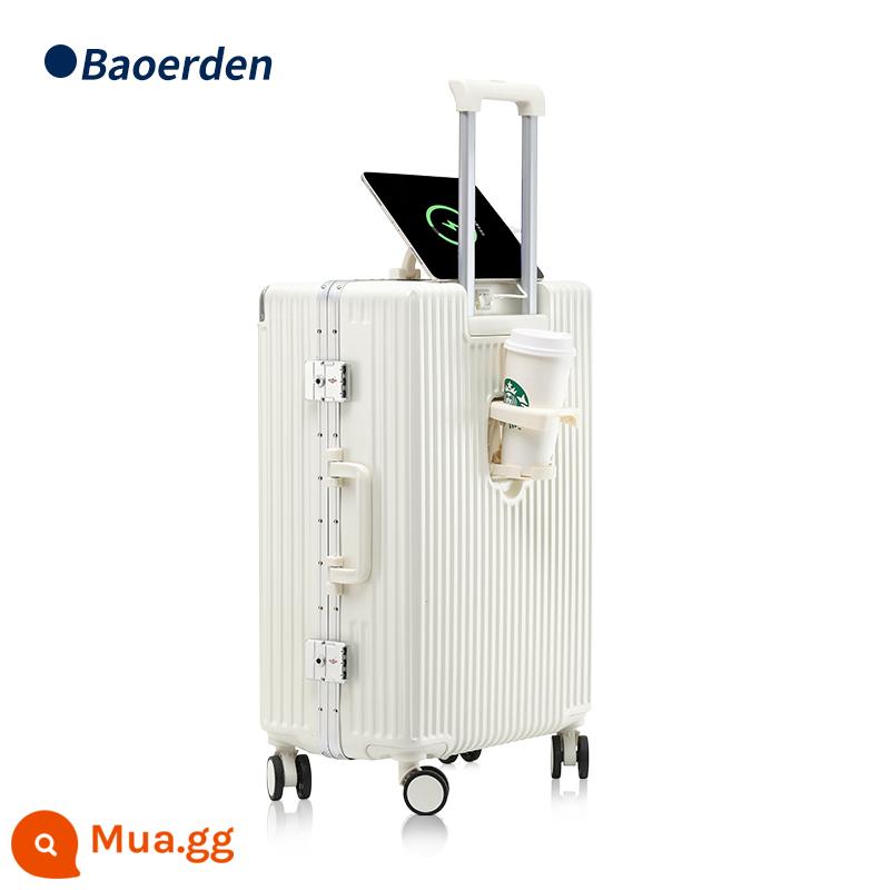 Boerdun Vali Nữ Xe Đẩy Ốp Lưng Nam Đa Năng 20 Inch Lên Máy Bay Mã Hộp Dung Tích Lớn Khung Nhôm Vali - trăng trắng