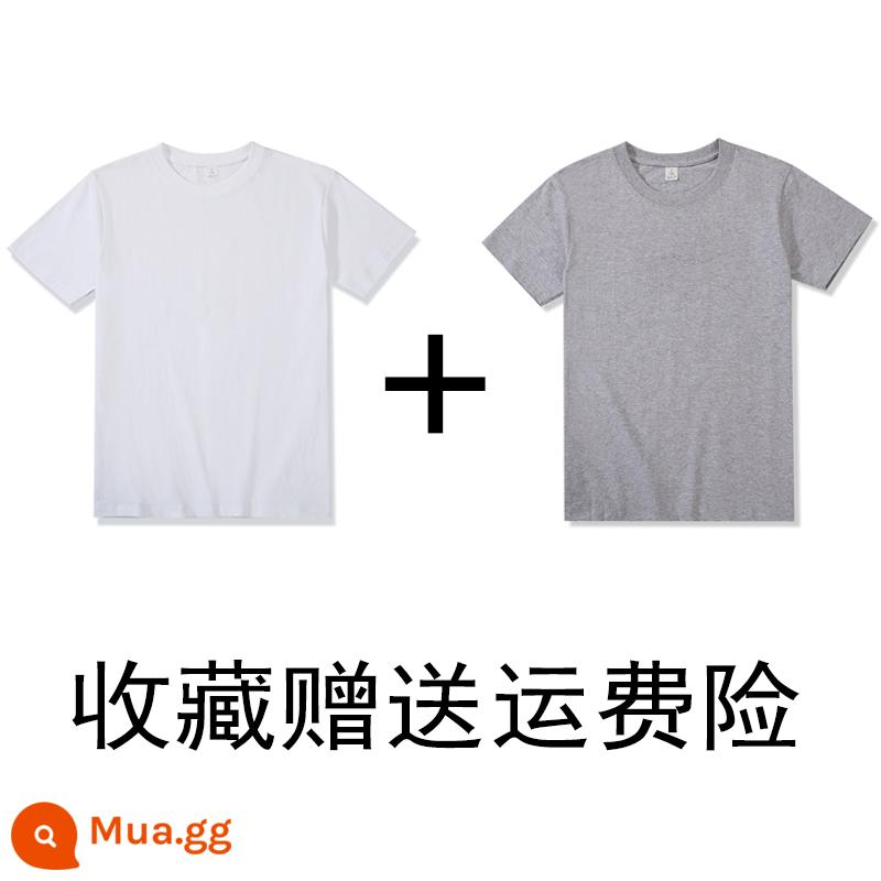 (Mua một tặng một) 200g cotton Tân Cương nặng bông cổ tròn đáy Áo thun ngắn tay áo thun rộng mùa hè nam nữ - trắng + xám