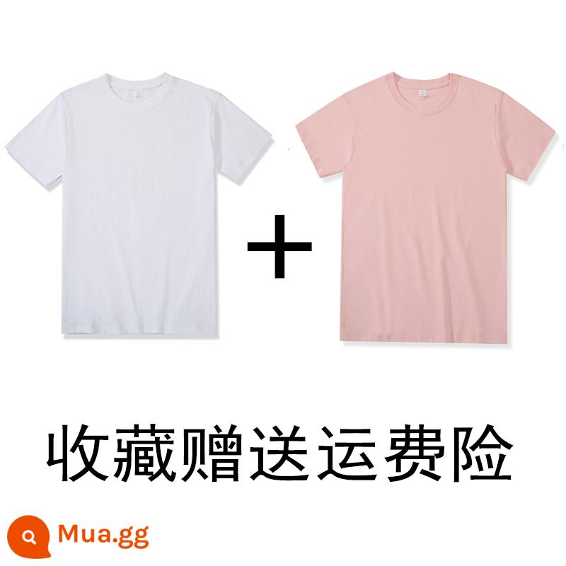 (Mua một tặng một) 200g cotton Tân Cương nặng bông cổ tròn đáy Áo thun ngắn tay áo thun rộng mùa hè nam nữ - trắng + hồng