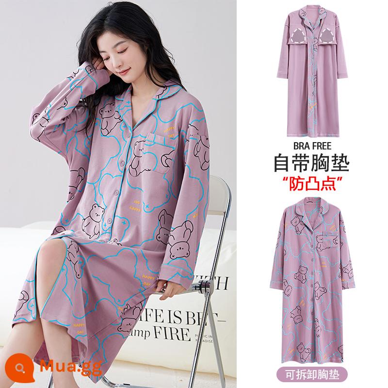 Bộ đồ ngủ cho nữ, mùa xuân thu, cotton nguyên chất dài tay có miếng đệm ngực, bộ đồ ngủ mùa thu cho bà mẹ tương lai, mẫu mùa xuân mới 2024 của phụ nữ - ZX:8861 đường gấu tím khắp nơi