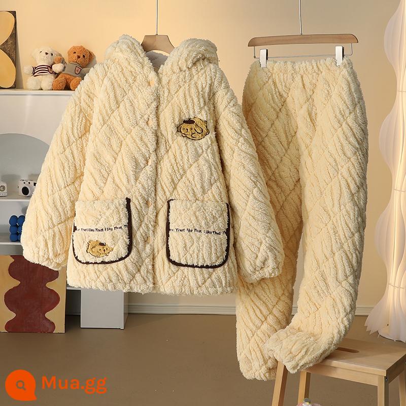 Bộ đồ ngủ 3 lớp cotton mùa đông nữ lưới đỏ phong cách dày Plus nhung flannel mùa đông san hô trang phục vụ tại nhà phù hợp với - 96106 nữ