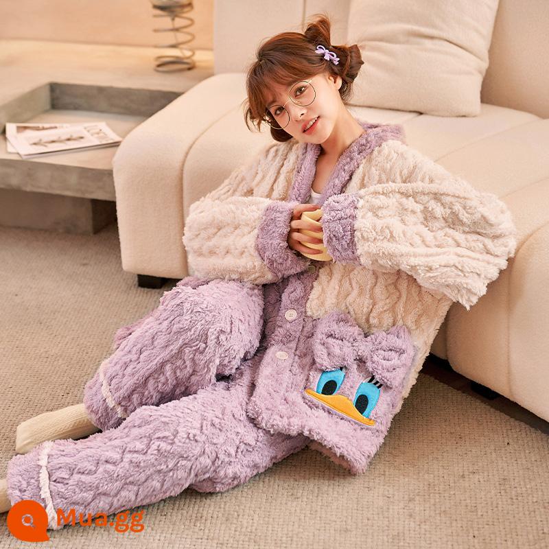 Bộ đồ ngủ 3 lớp cotton mùa đông nữ lưới đỏ phong cách dày Plus nhung phục vụ tại nhà san hô nỉ vải nỉ phù hợp với mùa đông - 96055 nữ