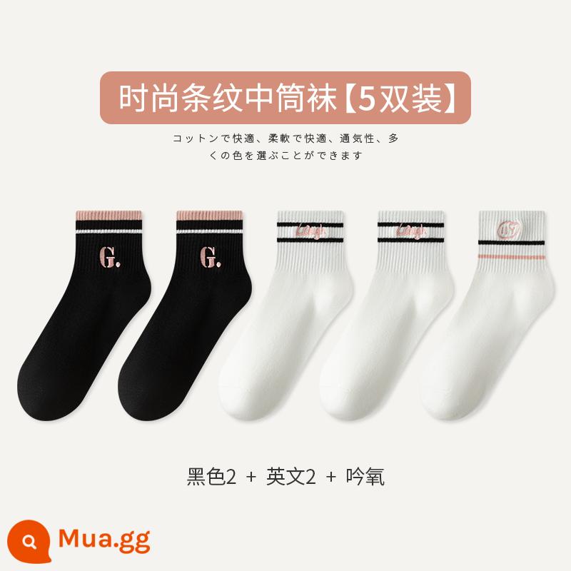 Tất Zhuji Tất Nữ Xuân Thu Giữa Ống Tất Cotton Nguyên Chất Maillard Sọc Bong Bóng Tất Plus Nhung Mùa Đông dày Tất Dài - [5 đôi tất] Đen 2 Tiếng Anh 2 Âm Oxy