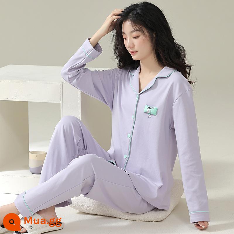 Bộ đồ ngủ nữ mùa xuân và mùa thu dài tay cotton nguyên chất mùa hè mới 2023 cỡ lớn mùa đông và mùa đông có thể mặc bên ngoài phù hợp với dịch vụ tại nhà - 34639-Tím