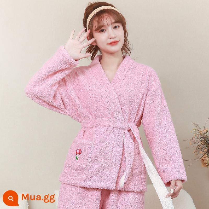 Coral Velvet Pyjamas Nữ Autumn and Winter 2022 MỚI cộng với nhung dày mặt bích dịch vụ gia đình mùa đông - Ren hồng [không xơ, không phai] mẫu cao cấp