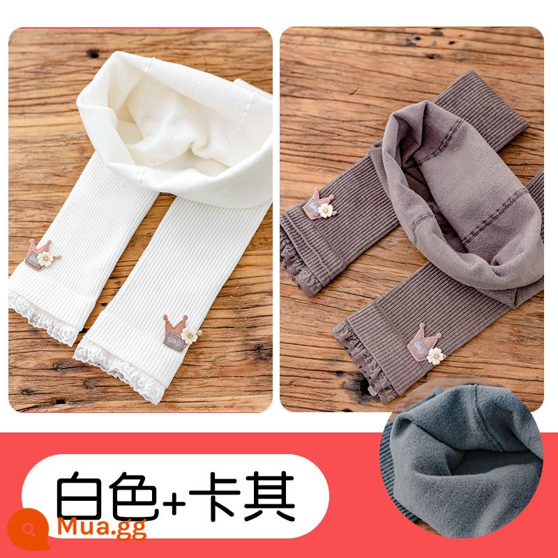 Quần trong trẻ em dành cho bé gái mùa xuân thu đông chất liệu cotton nguyên chất dày vừa phải nhung mỏng dành cho bé gái cộng với quần nhung dày bên ngoài - Trắng + Kaki [Quần nhung mỏng vương miện]