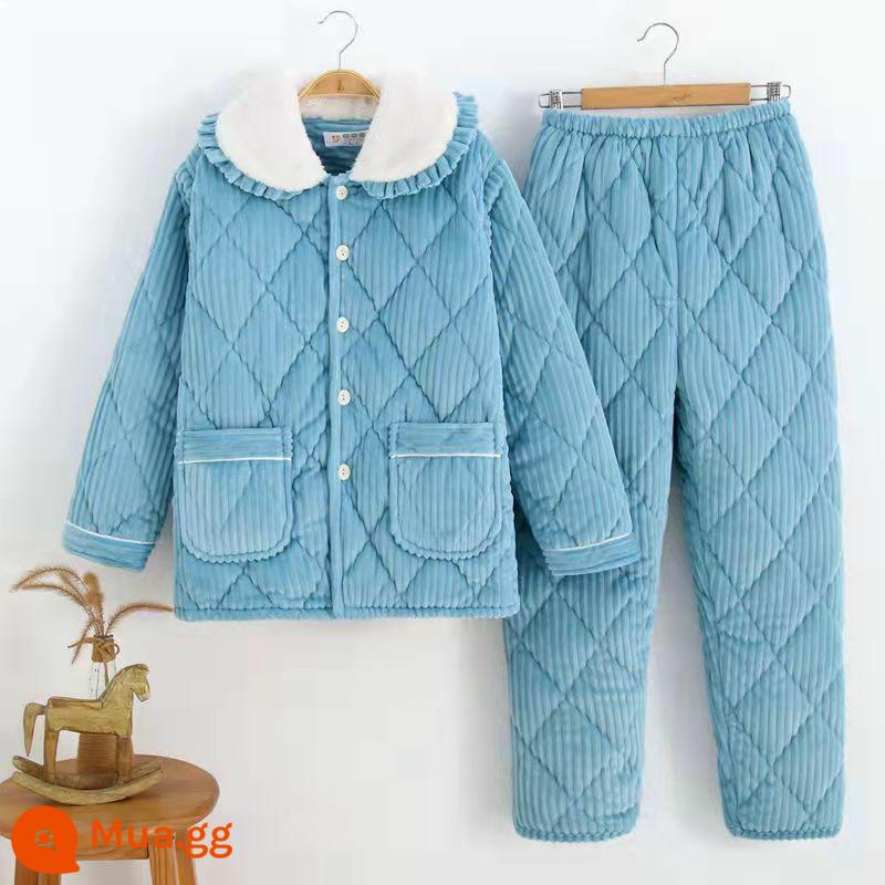 Bộ đồ ngủ nữ mùa đông lông cừu san hô dày và nhung Bộ đồ ngủ cotton ba lớp flannel phục vụ tại nhà áo khoác bông mùa đông ngọt ngào - Cổ lông màu xanh đậm