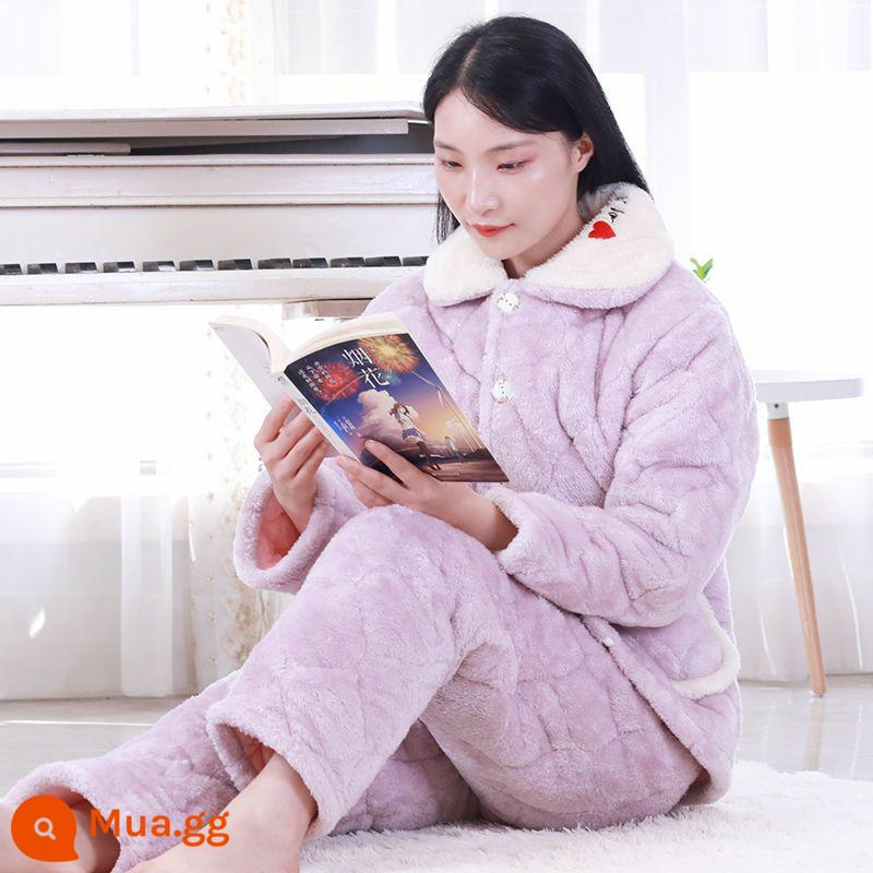 Bộ đồ ngủ nữ mùa đông lông cừu san hô dày và nhung Bộ đồ ngủ cotton ba lớp flannel phục vụ tại nhà áo khoác bông mùa đông ngọt ngào - Màu tím (thêu tình yêu)