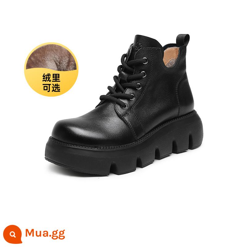 Giày Nữ Camel 2023 Mùa Thu Đông Mới Giày Bốt Martin Đế Dày Nữ Da Thật Tăng Chiều Cao Nhung Dày Gót Giày Boot Cổ Ngắn - LF22245138R, lót nhung đen,