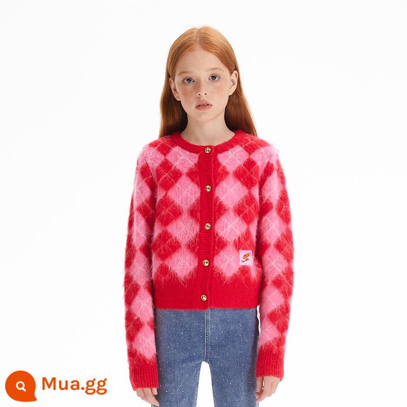 ELLEkids Quần Áo Trẻ Em Năm Mới Len Kim Cương Pha Trộn Áo Len Cardigan Nữ Áo Len Ấm Áp Mùa Đông - Điểm đỏ hồng