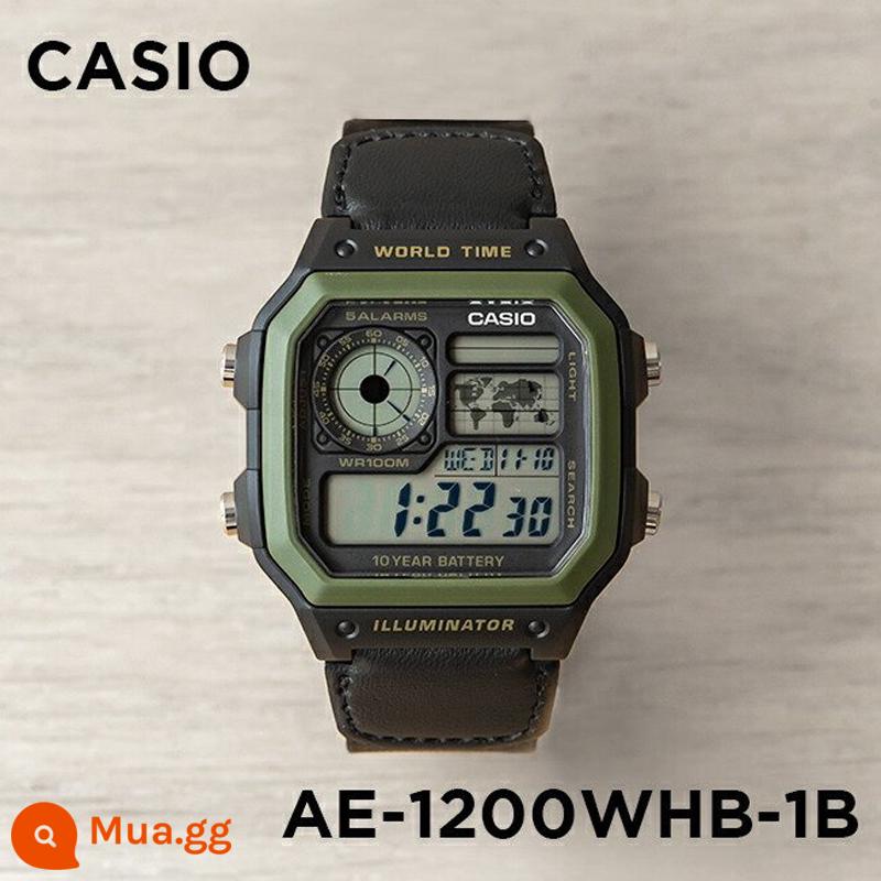 Đồng hồ Casio CASIO AE-1200WH-1C đồng hồ điện tử nhựa sinh viên thể thao chống thấm nước phong cách cổ điển đa chức năng - AE-1200WHB-1B canvas màu xanh lá cây với đường kính ngoài màu đen 42,1MM, có kèm phim