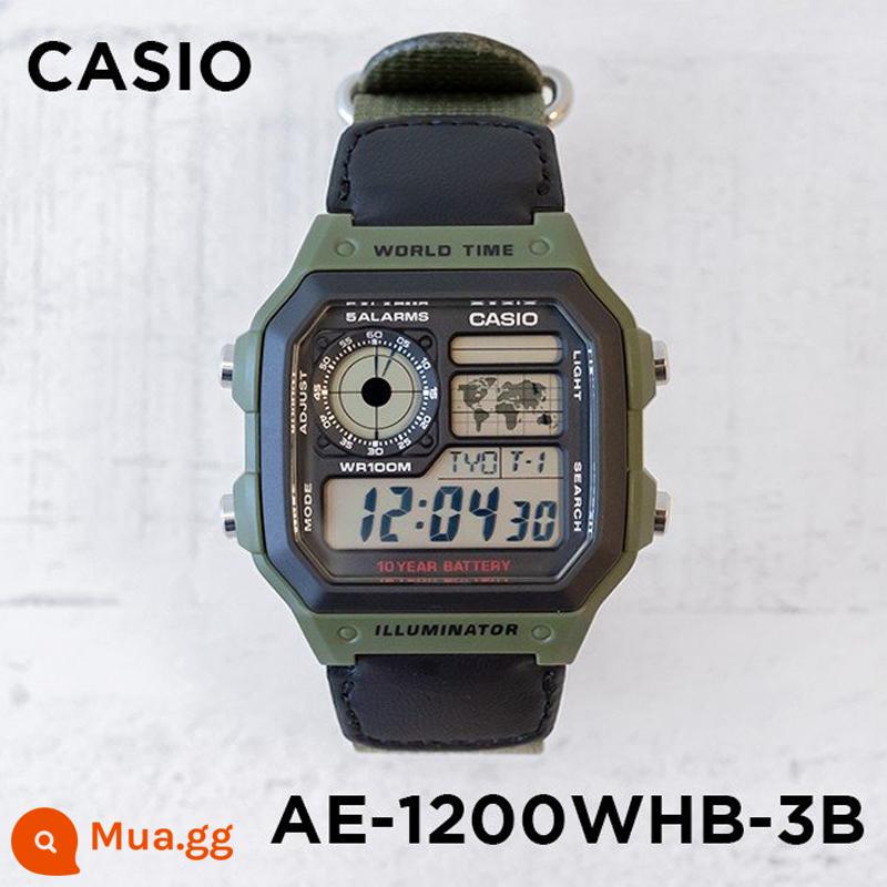 Đồng hồ Casio CASIO AE-1200WH-1C đồng hồ điện tử nhựa sinh viên thể thao chống thấm nước phong cách cổ điển đa chức năng - AE-1200WHB-3B canvas màu xanh lá cây có đường kính ngoài màu xanh lá cây 42,1MM, có kèm phim