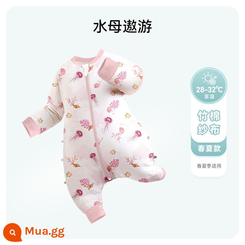 ibaby nhiệt độ không đổi tre bông gạc bé chia chân túi ngủ trẻ sơ sinh mùa xuân và mùa hè chống đá chăn bốn mùa đồ ngủ phổ thông mỏng - [Hai lớp] sứa bơi