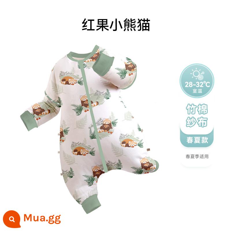 ibaby nhiệt độ không đổi tre bông gạc bé chia chân túi ngủ trẻ sơ sinh mùa xuân và mùa hè chống đá chăn bốn mùa đồ ngủ phổ thông mỏng - [Hai lớp] Gấu trúc trái cây màu đỏ