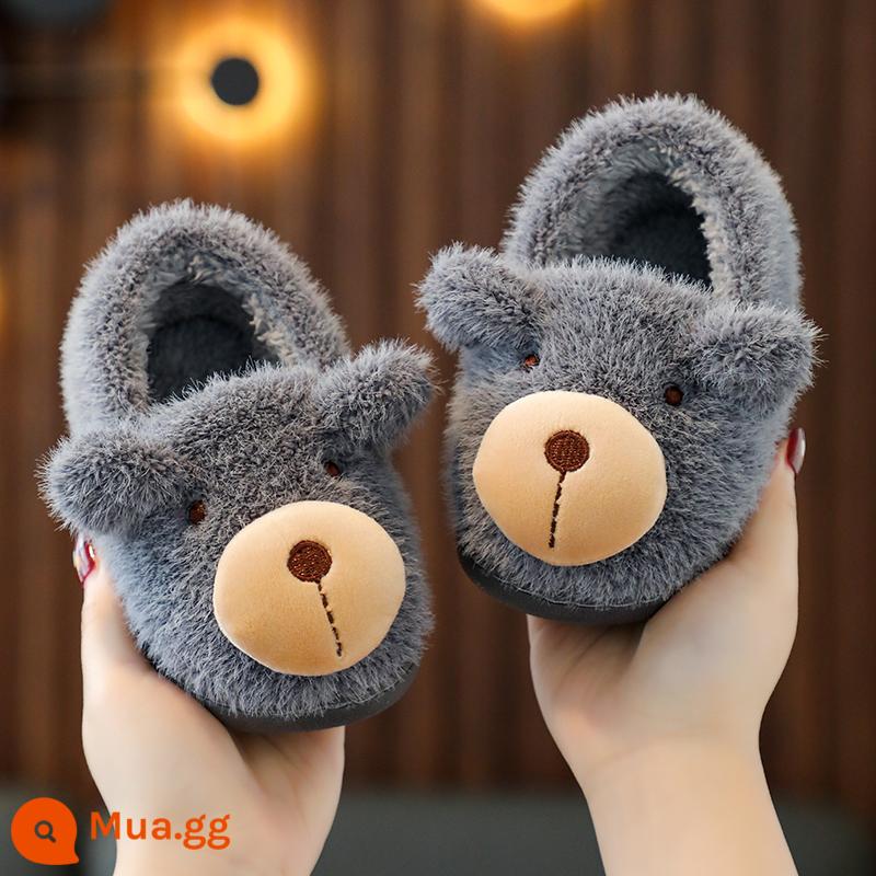 Giày cotton mùa đông cho bé gái 2-9 tuổi chống trượt, vải giữ ấm, giày lông thú chống nước cho bé, dép bông đi trong nhà - 1516 Gấu-Xám