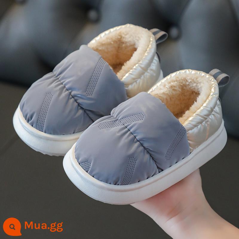 Giày cotton mùa đông cho bé gái 2-9 tuổi chống trượt, vải giữ ấm, giày lông thú chống nước cho bé, dép bông đi trong nhà - A08-xuống vải màu xám