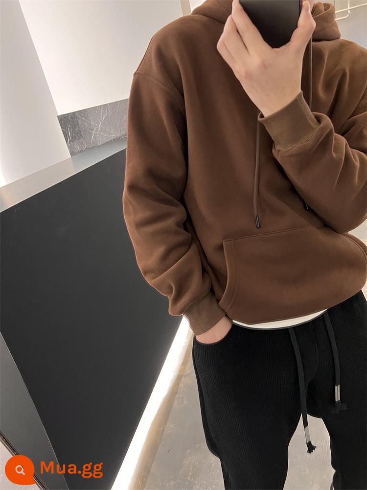 Áo Hoodie Nam Mới Mùa Thu Đông Màu Áo Hoodie Nam Cao Cấp Mỹ Dạo Phố Cao Cấp Rời Sang Trọng Áo Khoác Đệm - lông cừu nâu