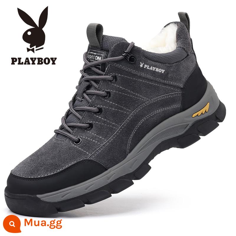 Playboy Giày cotton nam mùa đông phong cách mới Plus nhung dày len ấm cổ cao-top nam giày bốt tuyết Đông Bắc - 22012 màu xám [len cộng với nhung]