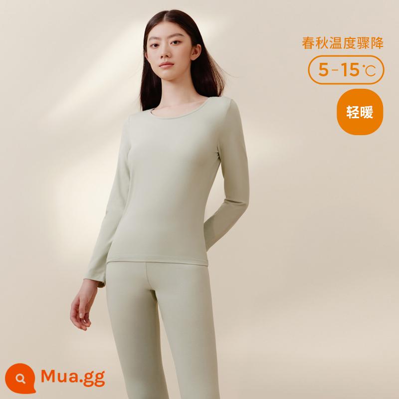 Quần áo làm nóng ba khẩu súng của đàn ông Đồ lót giữ nhiệt cotton đàn hồi Lycra cổ tròn phù hợp với áo len cotton quần quần áo mùa thu của phụ nữ quần vệ sinh nam - Xanh Muối Biển (Nữ Cổ Tròn)