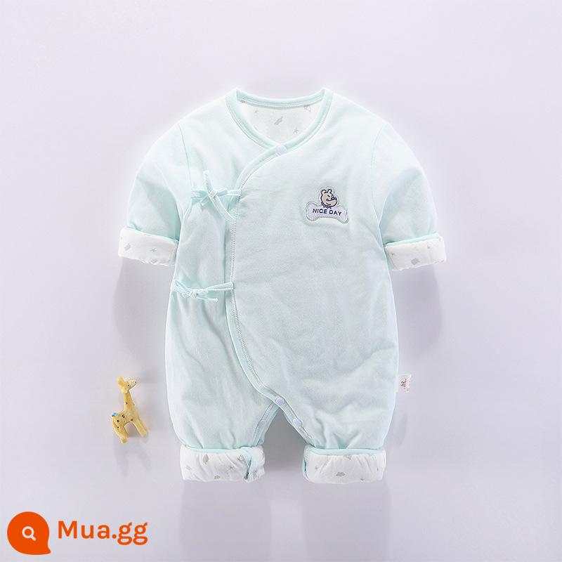 Quần áo sơ sinh xuân hạ thu đông chần bông đi chơi cotton mỏng 0 bộ 06 tháng 3 áo liền quần sơ sinh áo liền quần cho bé - 19301 (Xanh) Jumpsuit độn mỏng