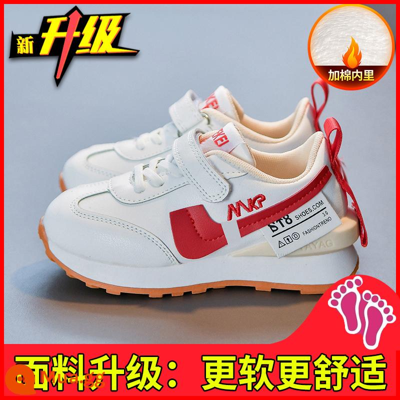 Giày Bé Gái Giày Sneaker Thu Đông 2022 Mới Cho Trẻ Em Giày Nhỏ Màu Trắng Plus Nhung Hai Bông Thu Đông Bố Giày - Bông thứ hai màu đỏ (phiên bản nâng cấp)