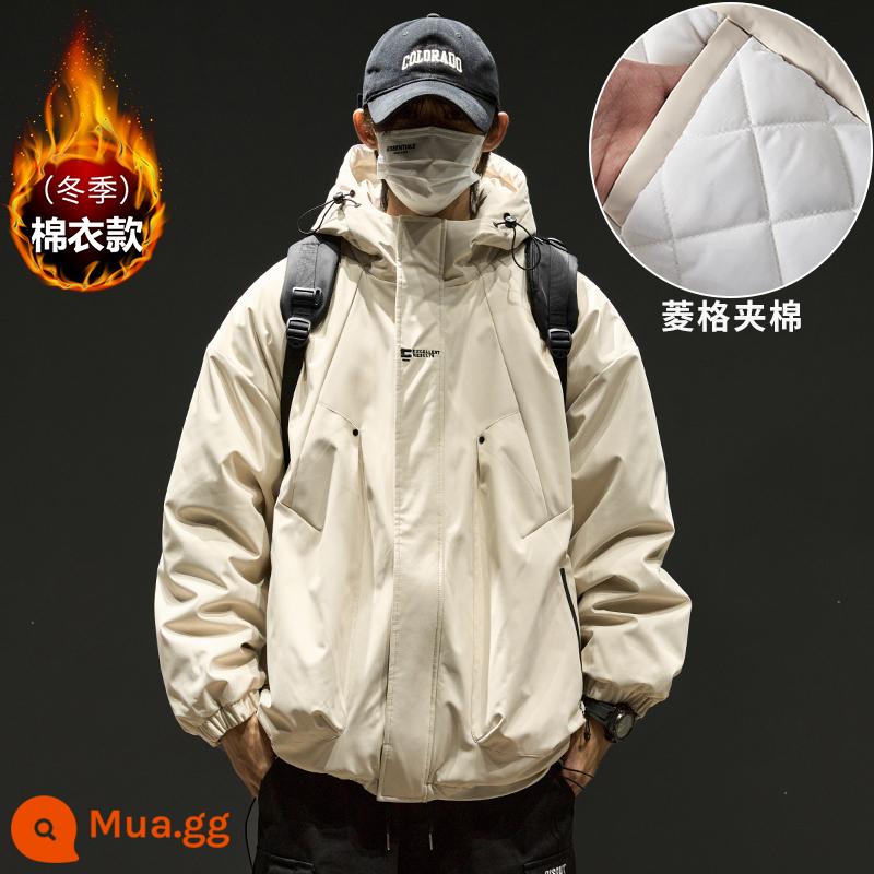 Quần áo bảo hộ lao động nam áo khoác cotton, áo khoác nam có mũ dày mùa đông, áo jacket, áo khoác cotton ấm áp cho bé trai, quần áo mùa đông size lớn - kaki nhạt