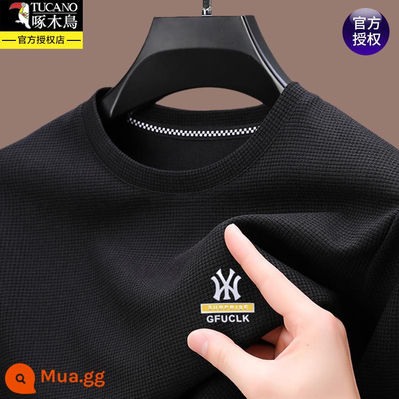 Chim gõ kiến ​​xuân thu nam cotton nguyên chất áo thun dài tay cổ tròn in hình áo trung niên áo thun thun đáy quần - 5509 màu đen