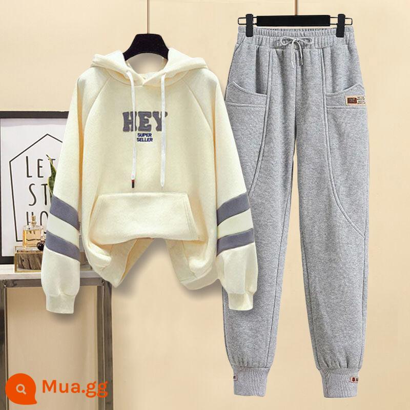 Thời Trang Bộ Đồ Thể Thao Nữ 2022 Mới Mùa Thu Đông Sang Trọng Trang Dày Hoodie Có Chân Và Quần 2 Bộ - Áo màu mơ + quần xám