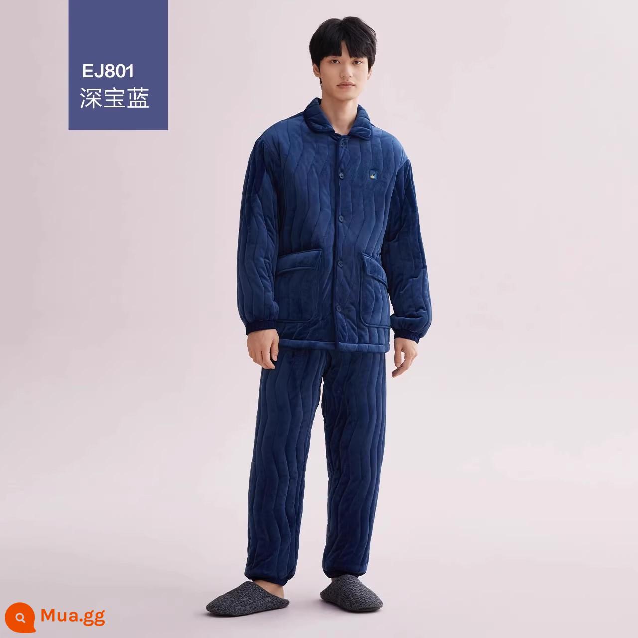 Bộ đồ ngủ cotton Hongdoupu dành cho các cặp đôi nhung san hô dày ba lớp chống tĩnh điện dành cho nữ cộng với quần áo mặc ở nhà nhung phù hợp với mùa đông nam - Màu xanh sapphire đậm nam