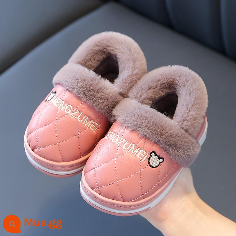 Dép con mùa đông Nội thất ấm áp PU bằng da Túi chống nước Slipper Slipper Trẻ em và Giày trẻ em Giày trẻ em 1-5 tuổi - Hồng đậm