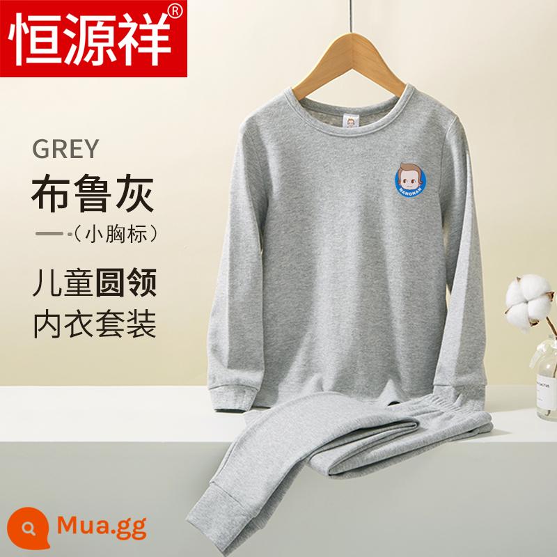 Bộ quần áo mùa thu và quần vệ sinh bé trai Hengyuanxiang Bộ quần áo cotton nguyên chất cho trẻ em Quần lót bé trai trẻ trung và lớn 2023 Áo len cotton mới - Nhãn tròn nhỏ của cậu bé màu xanh xám