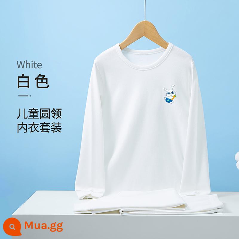 Bộ quần áo mùa thu và quần vệ sinh bé trai Hengyuanxiang Bộ quần áo cotton nguyên chất cho trẻ em Quần lót bé trai trẻ trung và lớn 2023 Áo len cotton mới - Bé trai cổ tròn màu trắng