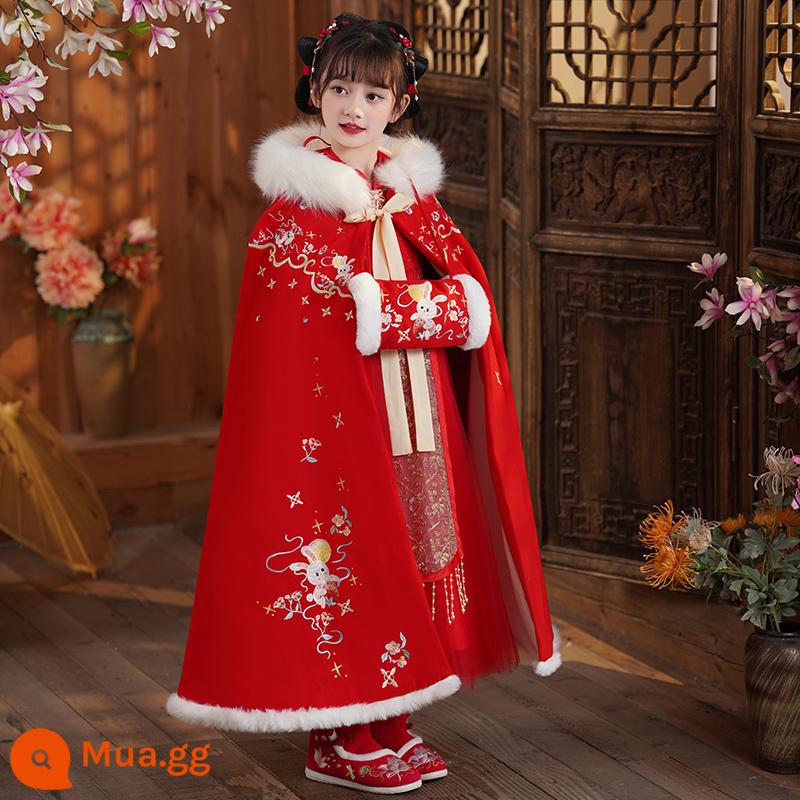 Áo choàng bé gái áo choàng mùa đông Hanfu bé cộng với nhung dày phong cách Trung Quốc Quần áo năm mới cho trẻ em đi chơi trang phục cổ trang thu đông - Áo choàng dày nhung đỏ ngọc thỏ + Bao tay