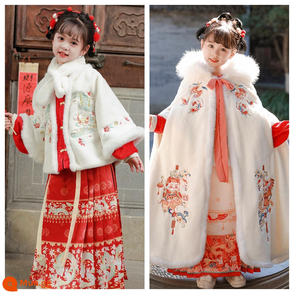 Áo choàng bé gái áo choàng mùa đông Hanfu bé cộng với nhung dày phong cách Trung Quốc Quần áo năm mới cho trẻ em đi chơi trang phục cổ trang thu đông - Hanfu Rồng Trắng Nhỏ và Thỏ Ngọc + Cổ Lông + Áo Choàng Rồng Tốt Lành