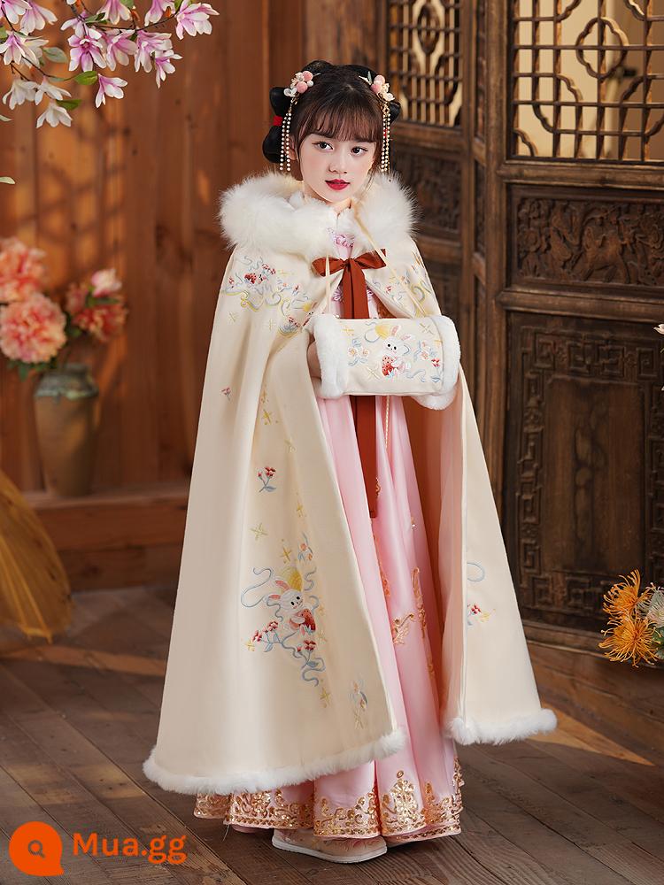 Áo choàng bé gái áo choàng mùa đông Hanfu bé cộng với nhung dày phong cách Trung Quốc Quần áo năm mới cho trẻ em đi chơi trang phục cổ trang thu đông - Ngọc Thỏ cộng với áo choàng dày nhung + khăn che tay