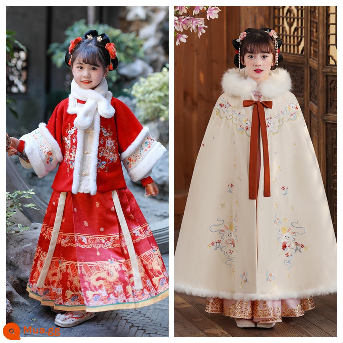 Áo choàng bé gái áo choàng mùa đông Hanfu bé cộng với nhung dày phong cách Trung Quốc Quần áo năm mới cho trẻ em đi chơi trang phục cổ trang thu đông - Bộ ba món áo khoác đỏ Xianglong + cổ lông + áo choàng thỏ ngọc