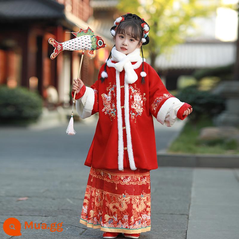 Áo choàng bé gái áo choàng mùa đông Hanfu bé cộng với nhung dày phong cách Trung Quốc Quần áo năm mới cho trẻ em đi chơi trang phục cổ trang thu đông - Phiên bản dài vừa phải màu đỏ Xianglong + váy mặt ngựa [cổ lông miễn phí]