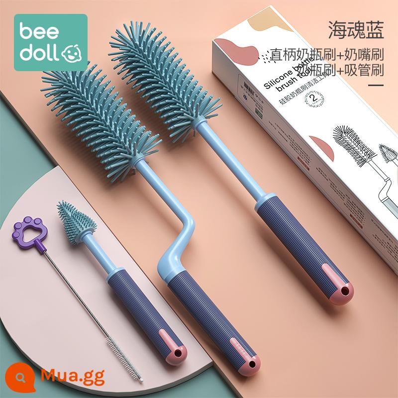 Cọ rửa bình sữa bằng silicone cho bé Cọ núm vú cho bé Cọ rơm Cọ xoay rửa bình Cọ rửa sạch Bàn chải cọ rửa Bộ cọ vệ sinh - [Bộ 3 món xoay Sea Soul Blue] + Bàn chải chai tay cầm thẳng