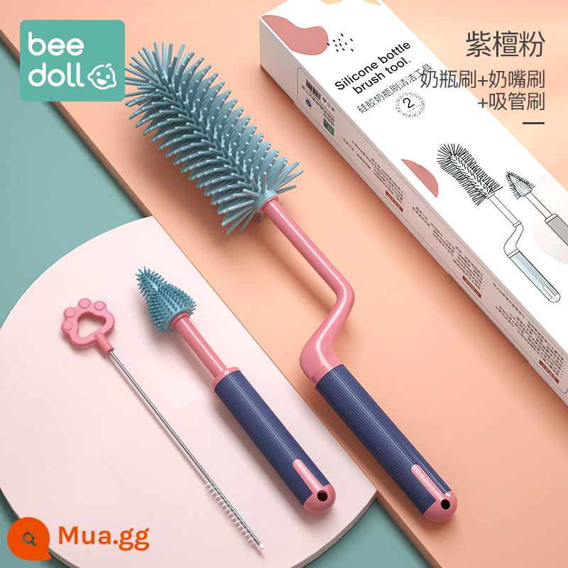 Cọ rửa bình sữa bằng silicone cho bé Cọ núm vú cho bé Cọ rơm Cọ xoay rửa bình Cọ rửa sạch Bàn chải cọ rửa Bộ cọ vệ sinh - [Bộ 3 món Bột gỗ đàn hương đỏ] Bàn chải chai xoay + Bàn chải núm vú giả + Bàn chải ống hút (Hồng)