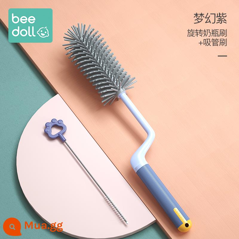 Cọ rửa bình sữa bằng silicone cho bé Cọ núm vú cho bé Cọ rơm Cọ xoay rửa bình Cọ rửa sạch Bàn chải cọ rửa Bộ cọ vệ sinh - [Bộ 2 món Dream Purple] Bàn chải chai xoay + Bàn chải rơm (Tím)