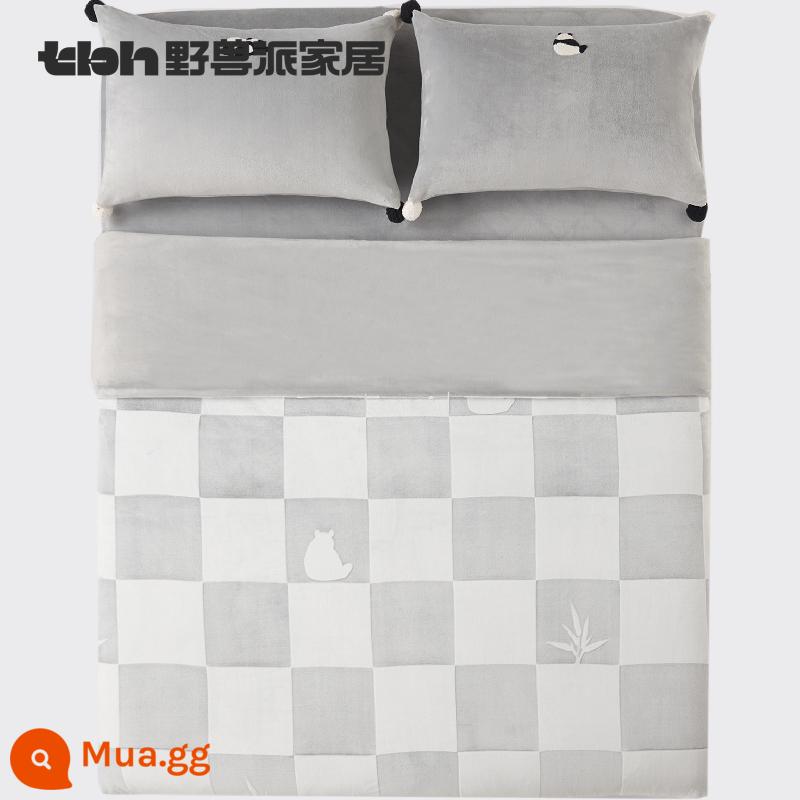 Tbh Brutalist home bed bốn mảnh panda bang bang flannel caro cutout bộ đồ giường mùa thu và mùa đông * - Bộ đồ giường hình kẻ ca rô bằng vải flannel Panda Bang Bang, màu xám nhạt